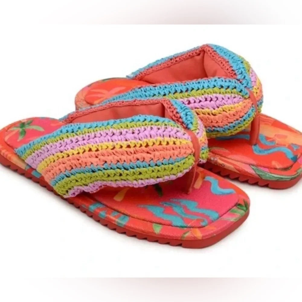 Farm Rio Tropical Colorful Crochet Puffy Flip Flop Sandals - Shoe Bag - 8 - Picture 1 of 10